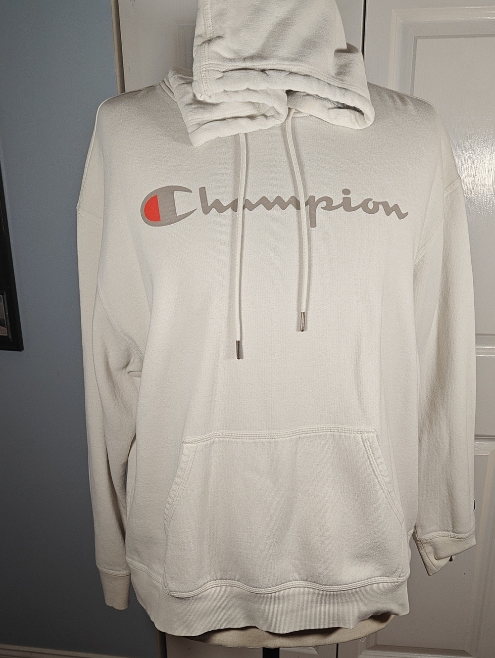 Champion Men Off White Pullover Hoodie Red Gray Script Logo XXL